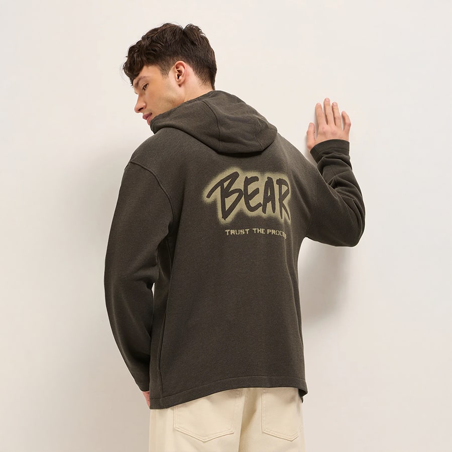 Olive Zip-Up Hoodie with “BEAR Trust the Process” Back Print
