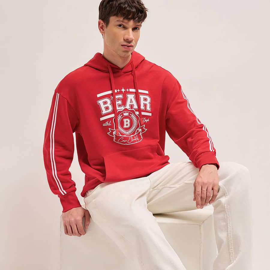 Red Relaxed Fit Hoodie with Bold Athletic Crest and BEAR Print