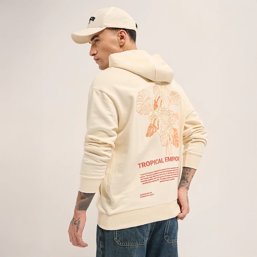 Cream Relaxed Fit Hoodie with Tropical Back Print