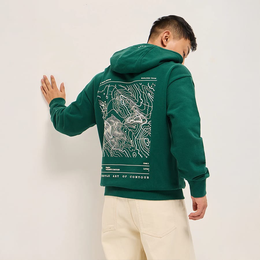 Green Relaxed Fit Hoodie with Topographic Graphic Print