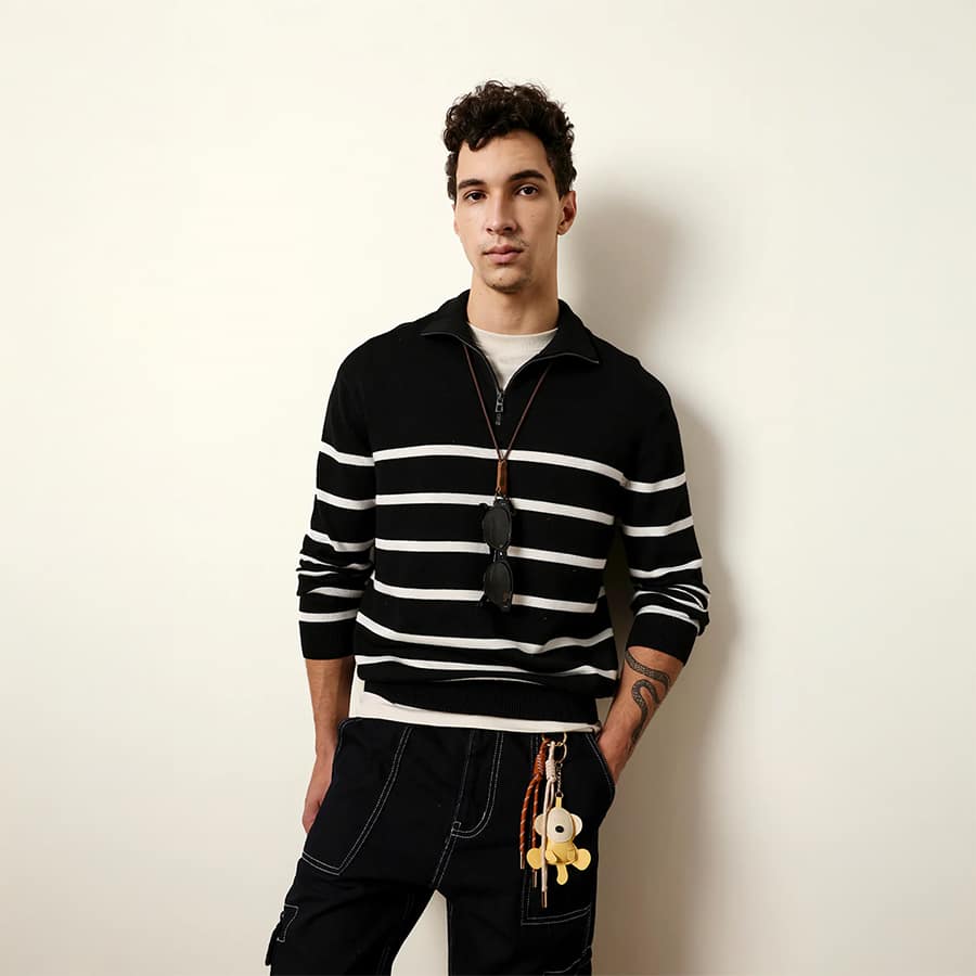 Black Relaxed Fit High-Neck Knitted Sweatshirt with Classic Stripe Design