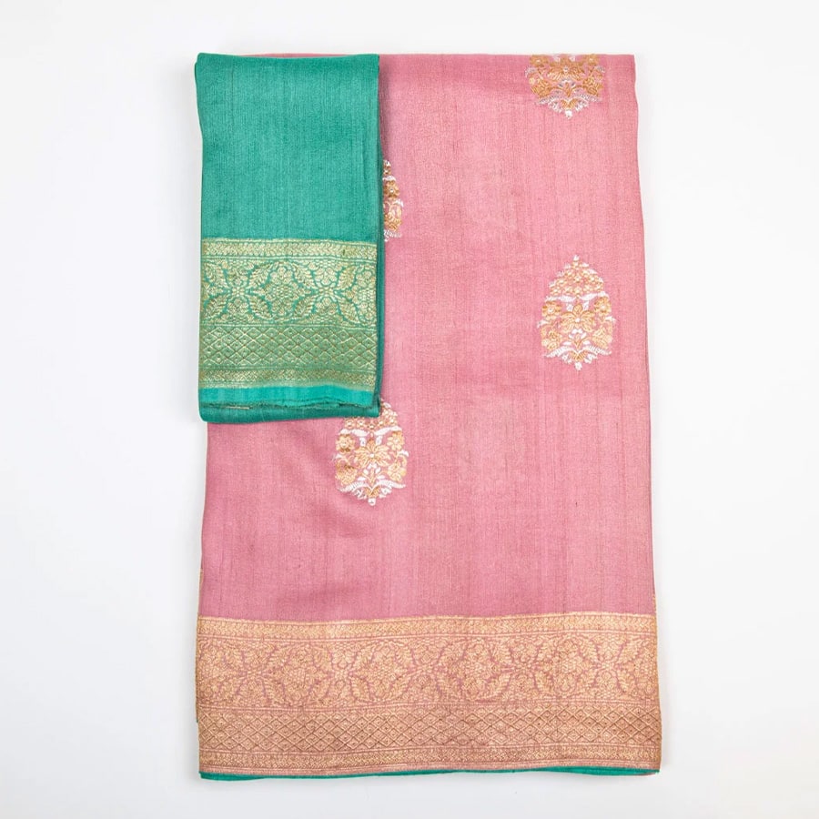 Pink tussar georgette, gold & silver zari booties hand woven saree with contrast blouse piece (100% Silk)