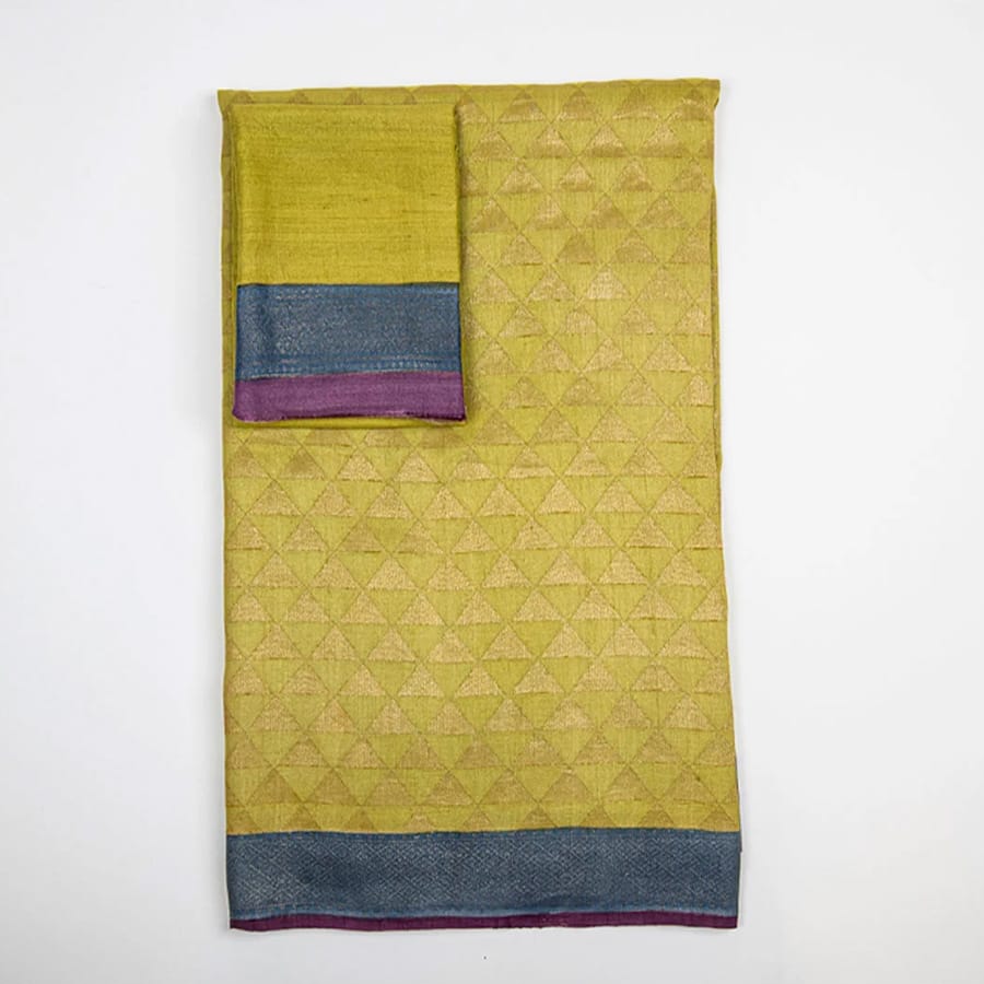 Lime green tussar georgette, zari triangle hand woven saree with contrast blouse piece (100% Silk)
