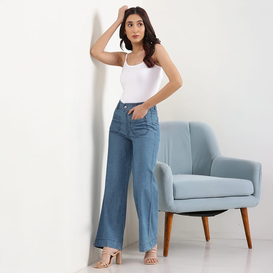 Light Blue Solid Flared Denim Pants With Button Detail