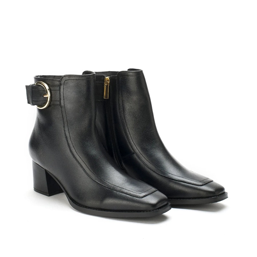 Ava Leather Ankle-Length Black Boots with Buckle