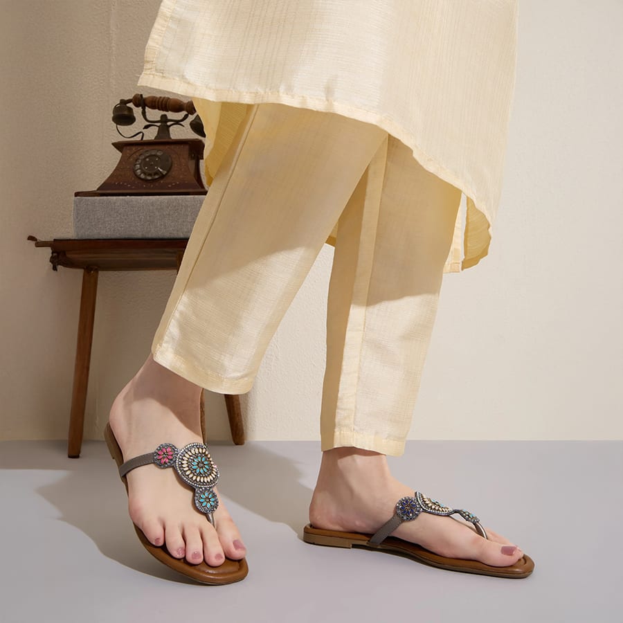Pewter casual embellished T-strap flat slip on sandals