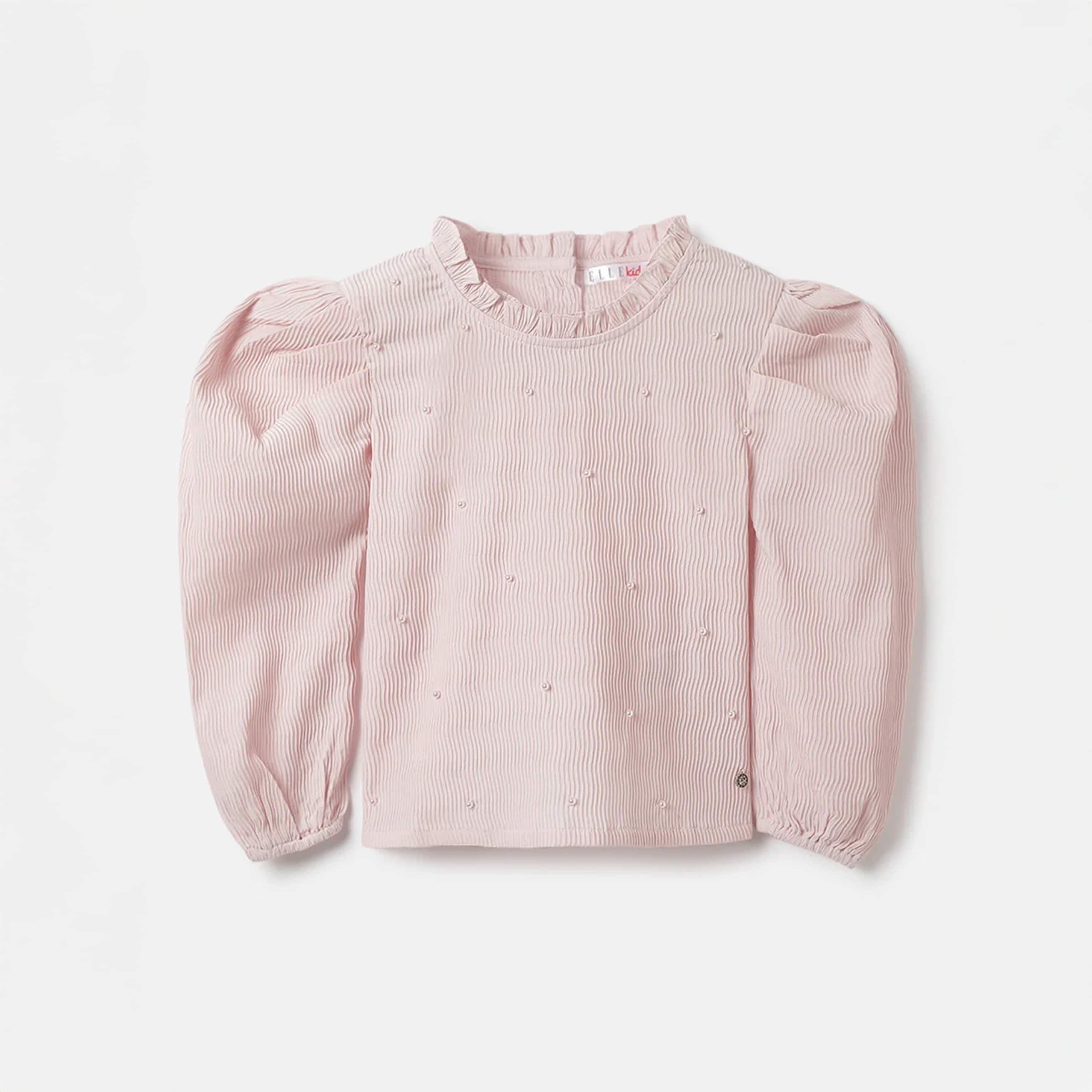 Elle Girls Pink Embellished Ruffle Neck Full Sleeves Top