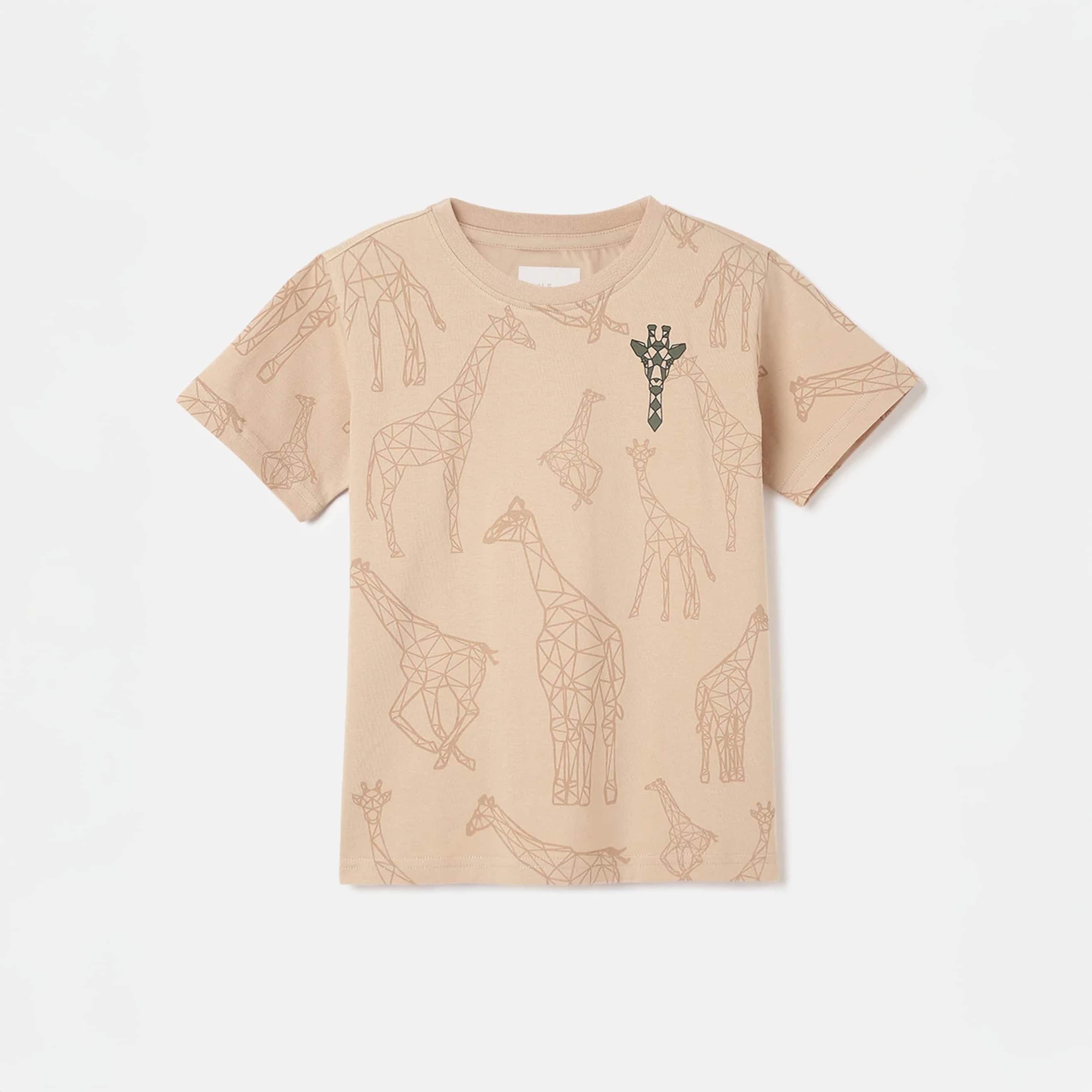 Boys Beige Animal Print Round Neck Short Sleeves Tshirt