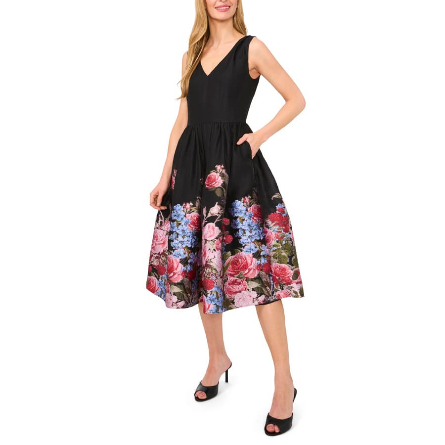 V-neck midi dress with floral placement