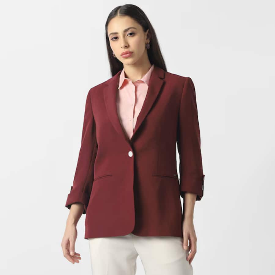 Women Maroon Solid Blazer