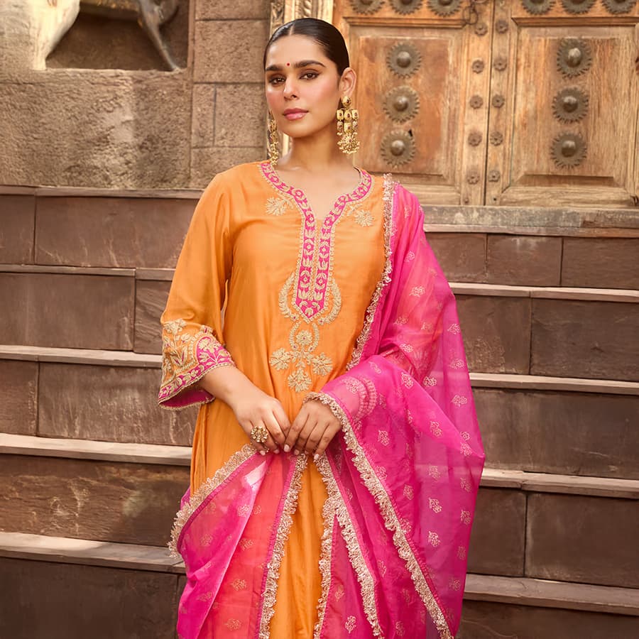Orange dori embroidered Chanderi kurta with pants – set of 2