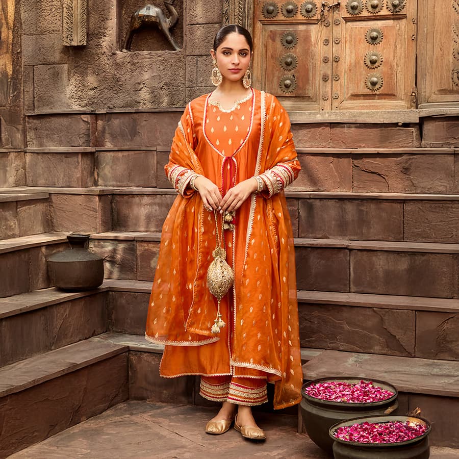 Orange hand block printed Chanderi kurta with jacket and pants – set of 3