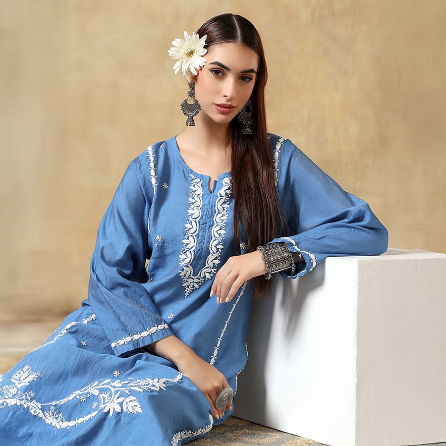 Blue chikankari Chanderi kurta with pants – set of 2