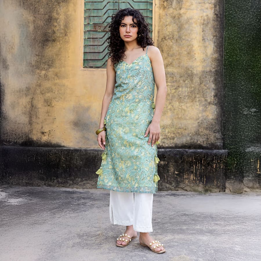 Sage green hand block printed Chanderi kurta with pants – set of 2