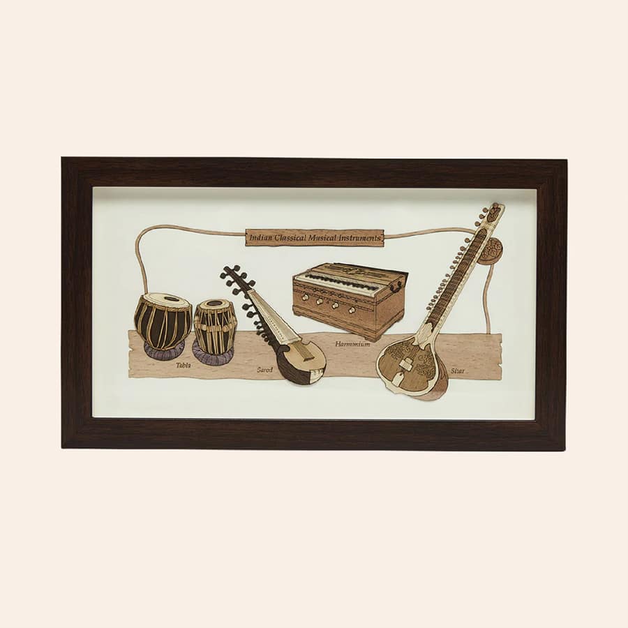 Indian Musical Instruments Wood Art Frame 7 in x 12 in