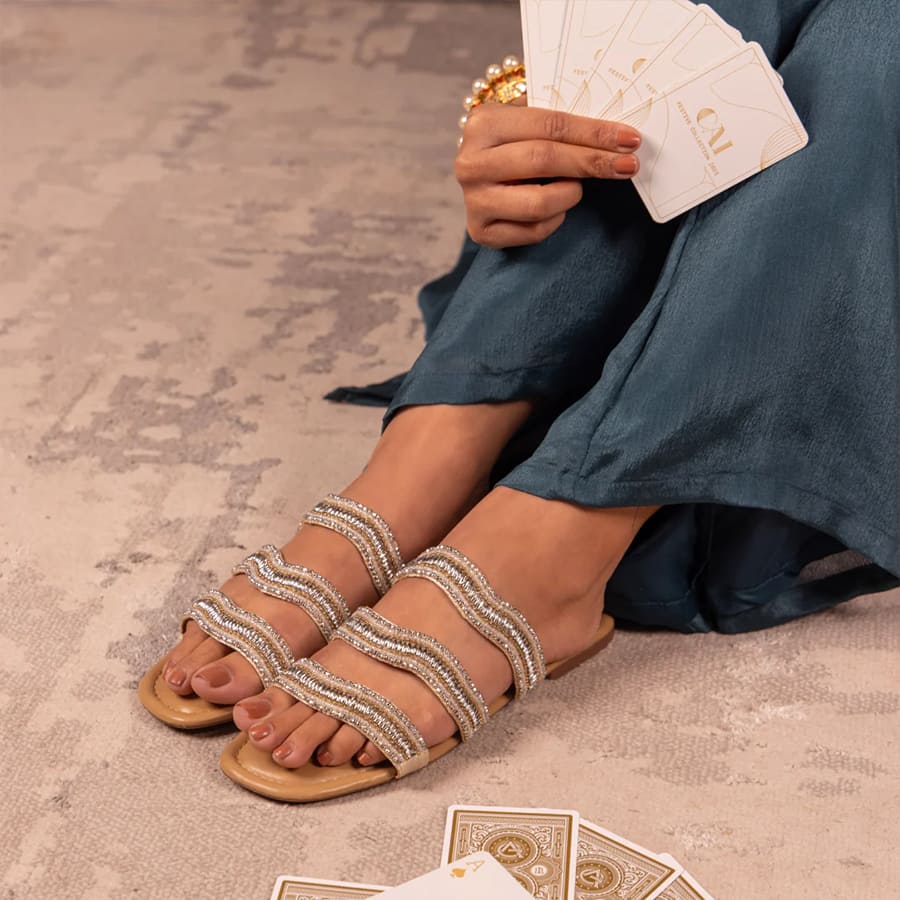Gold Beaded Thong Heel