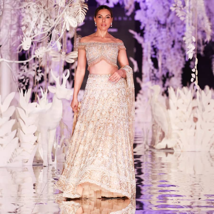 Ivory Gold Embroidered Lehenga with Off-Shoulder Blouse and Dupatta
