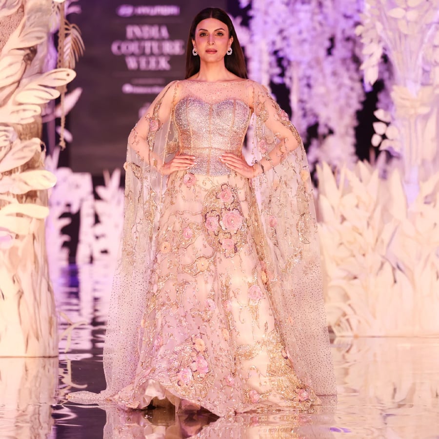 Beige Floral Embroidered Lehenga with Corset Blouse with Cape