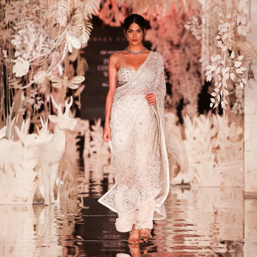 Ivory Beaded Pre-Draped Lehenga-Saree with Embellished Blouse