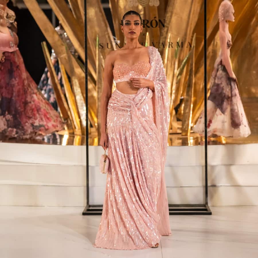 Pink Sequins Drape Saree With Tassel Blouse