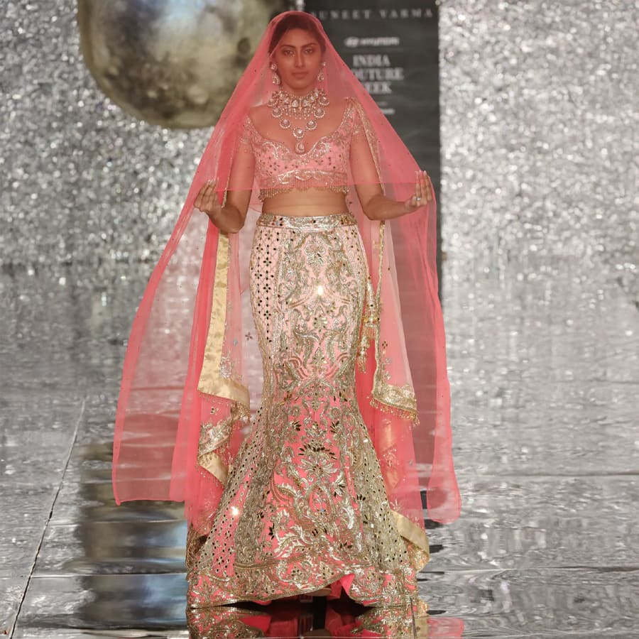 Shaded Pink Fish Cut Lehenga With Acrylic Mirror & Sequin Embroidery With Blouse And Dupatta