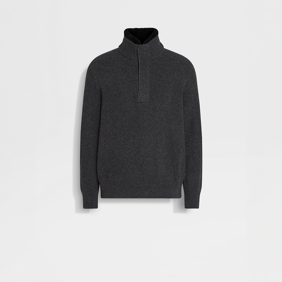 Dark grey mélange Oasi cashmere zip mock neck sweater