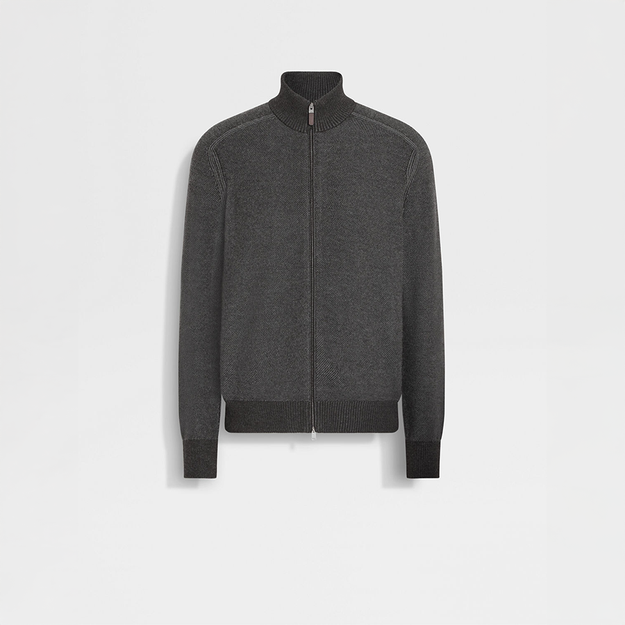 Grey and dark brown Cashseta full zip cardigan