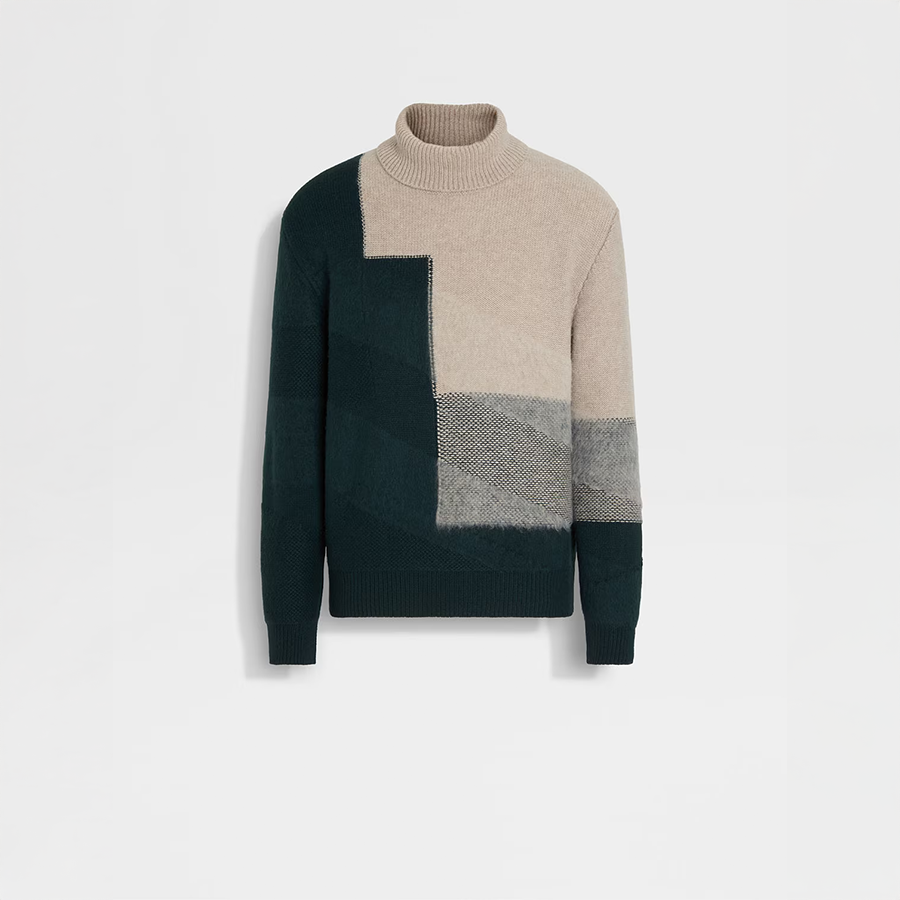 Light taupe and dark green cashmere and mohair turtleneck