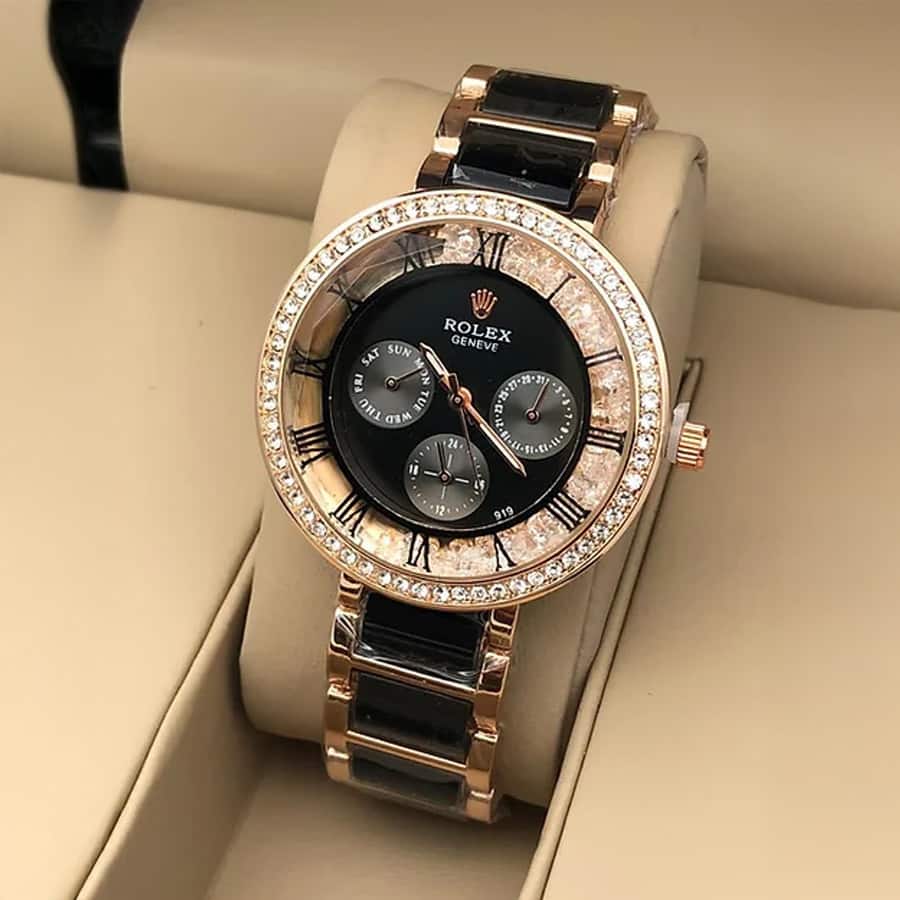 Rolex Black Dial Metal Belt For Women
