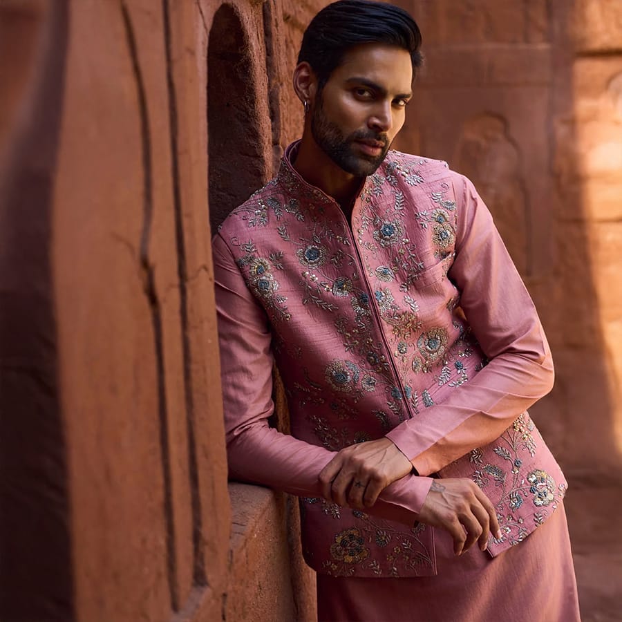 Peach waistcoat kurta set