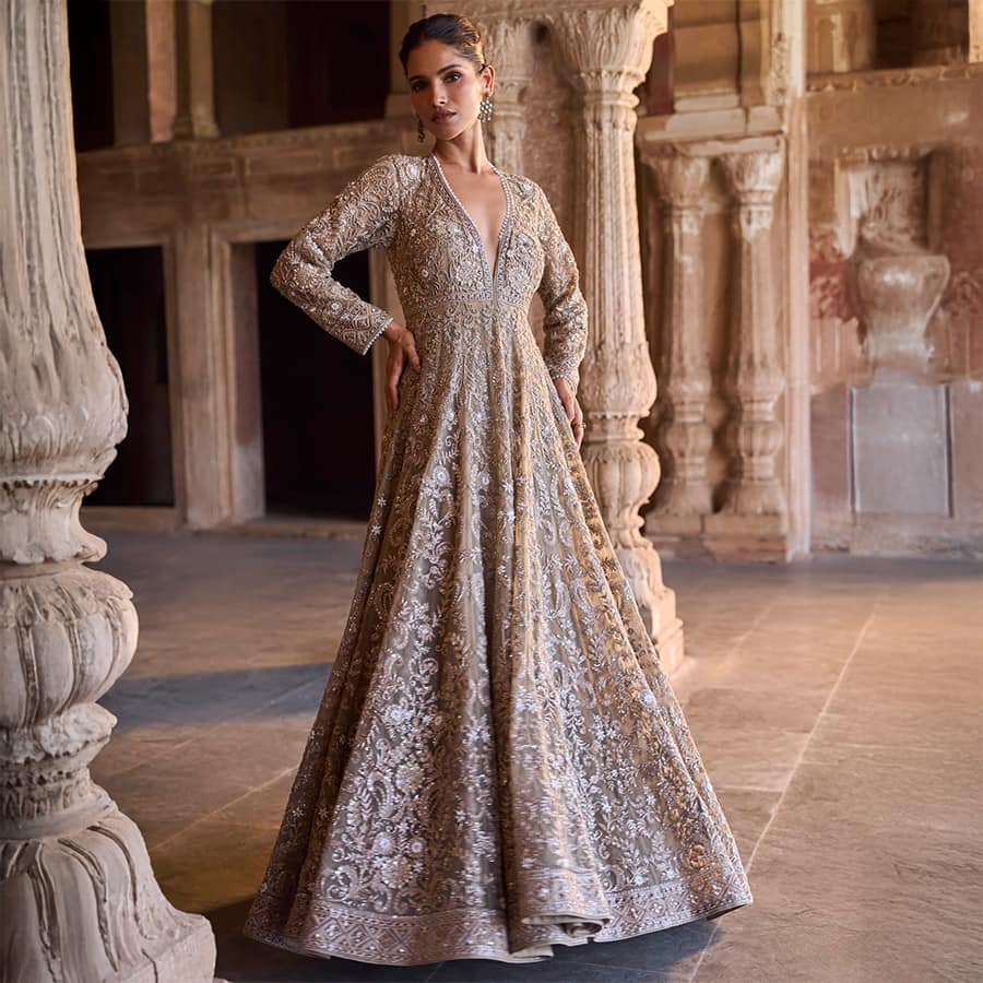 Golden beige organza anarkali set