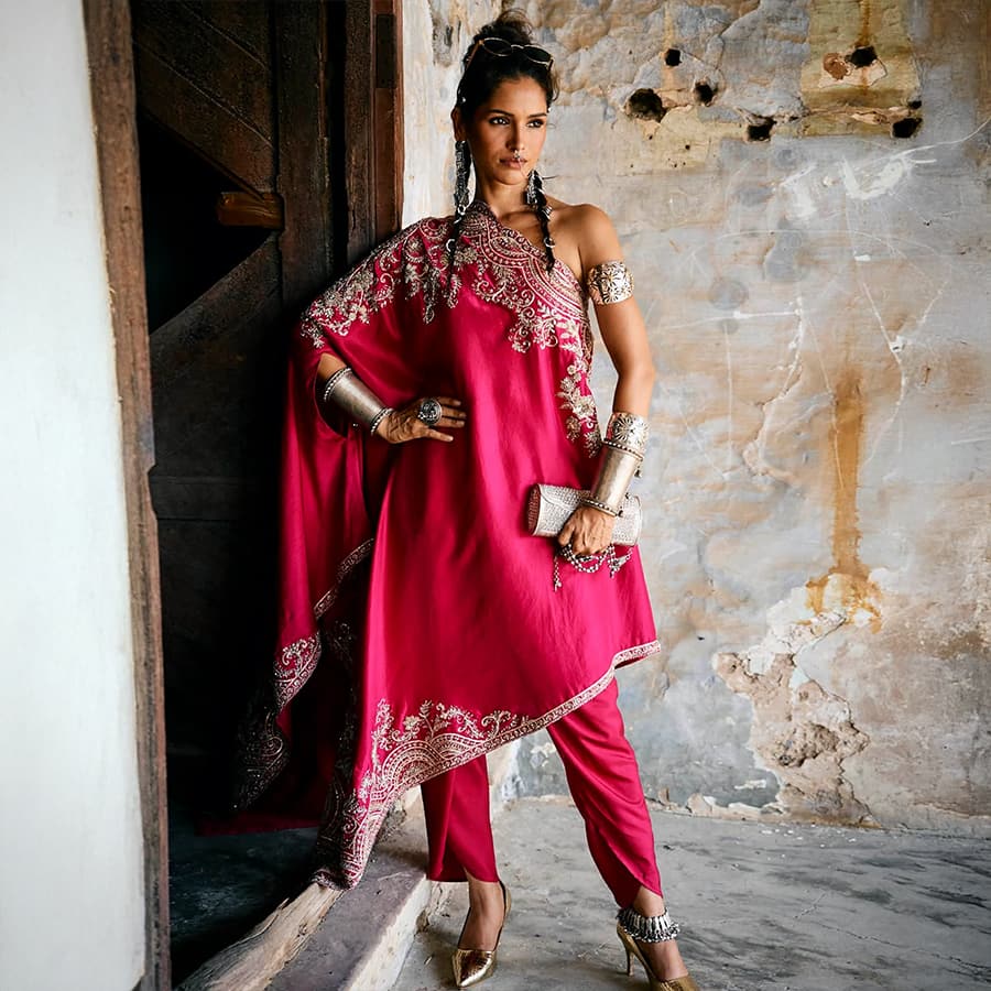 Pink Off Shoulder Cape Set