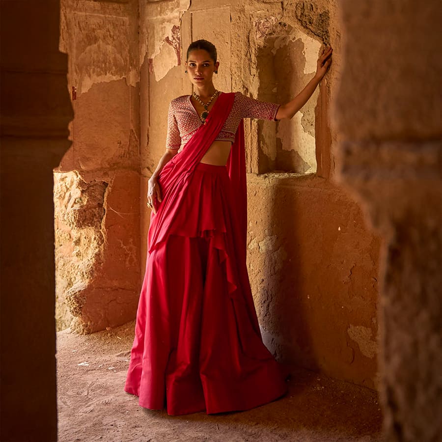 Pink Pre-draped Saree