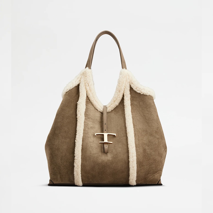T Timeless Shopping Bag in Suede and Sheepskin Medium