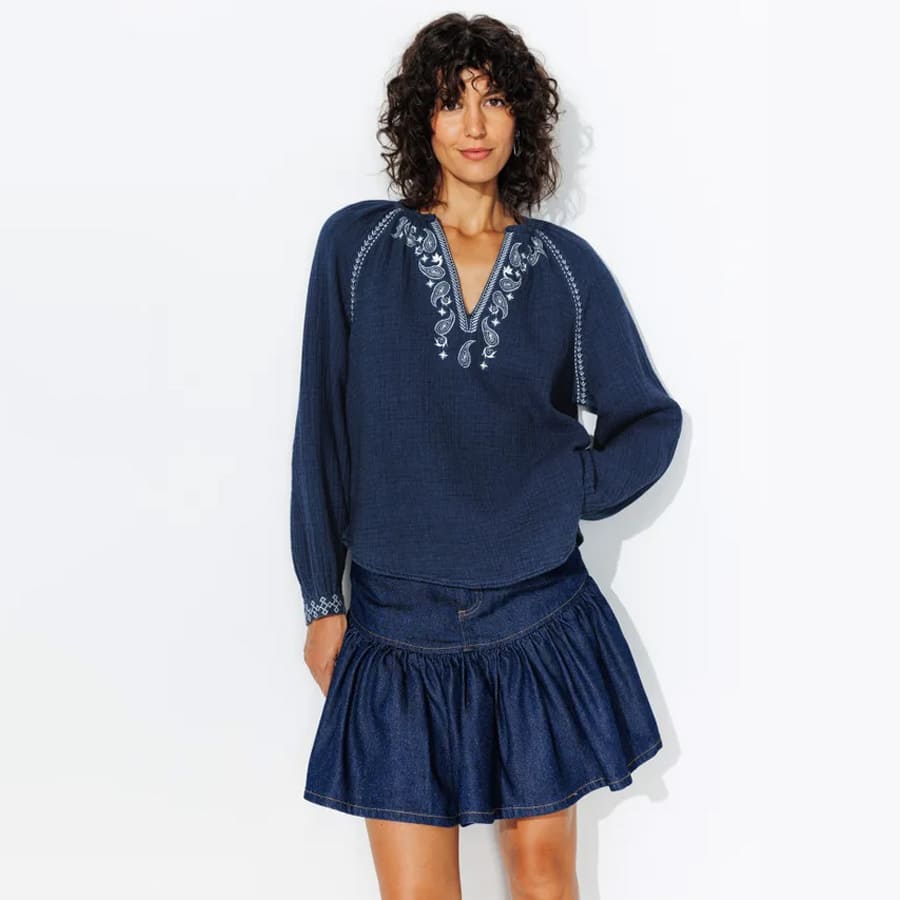 GINGER folky embroidery blouse - Navy blue