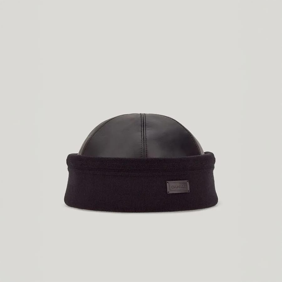 Black leather beanie with knit band and logo tag
