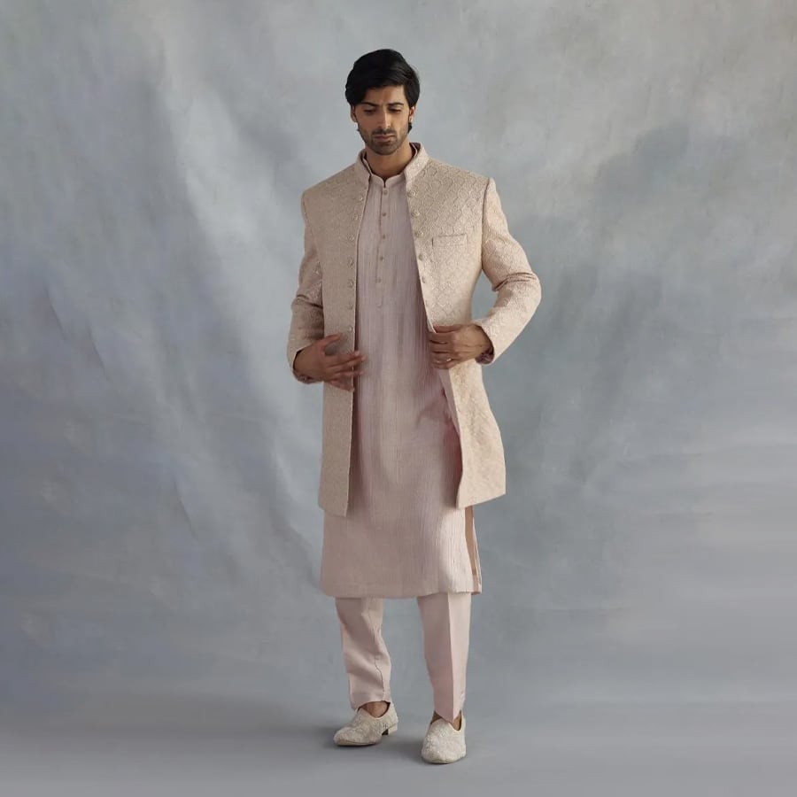 Beige Silk Sherwani Set
