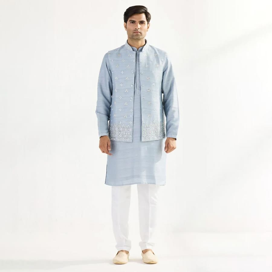 Ice Blue Silk Half Jacket Set