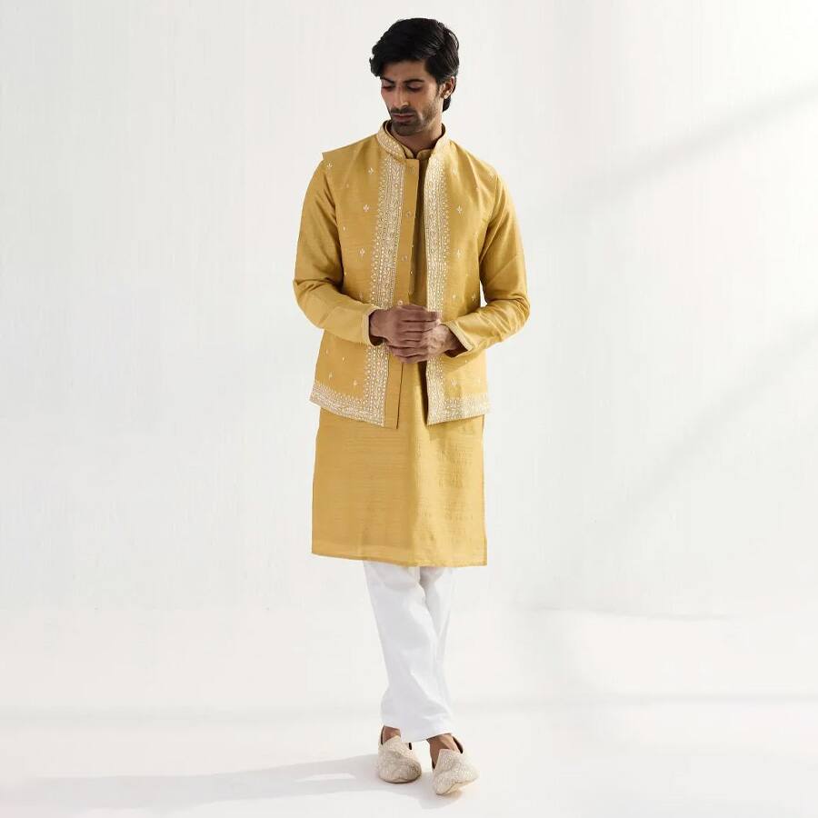 Yellow Ochre Silk Half Jacket Set