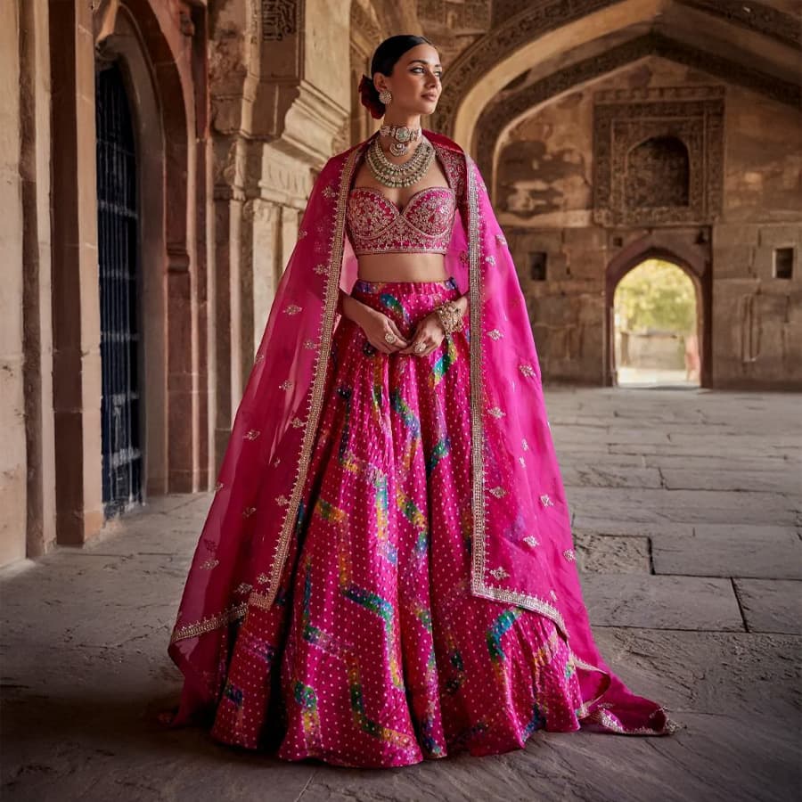 Rani Pink Silk Bandhani Lehenga