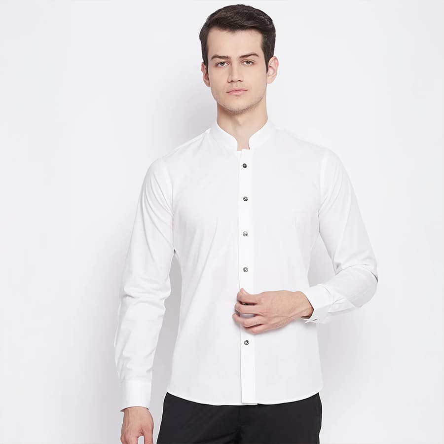 Pearl White Satin Cotton Shirt with Mandarin Collar