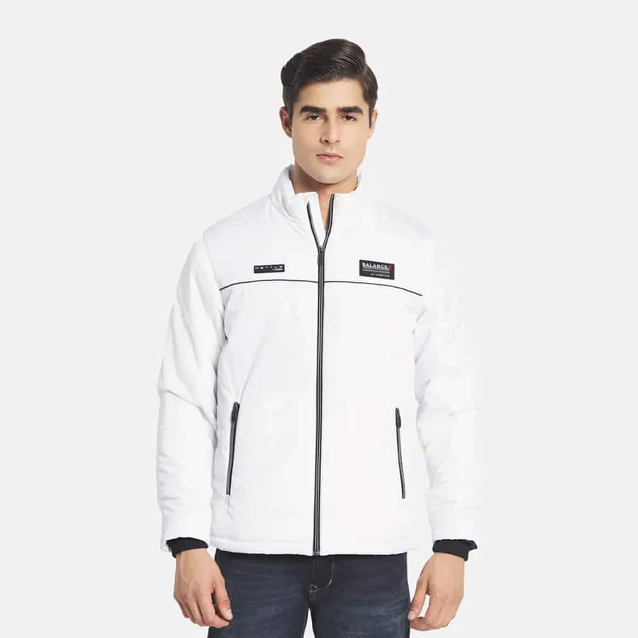 Mettle Men White Colourblocked Bomber With Embroidered Jacket