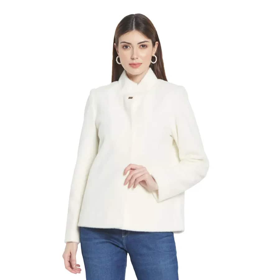 Mettle Women White Solid Cotton Overcoat