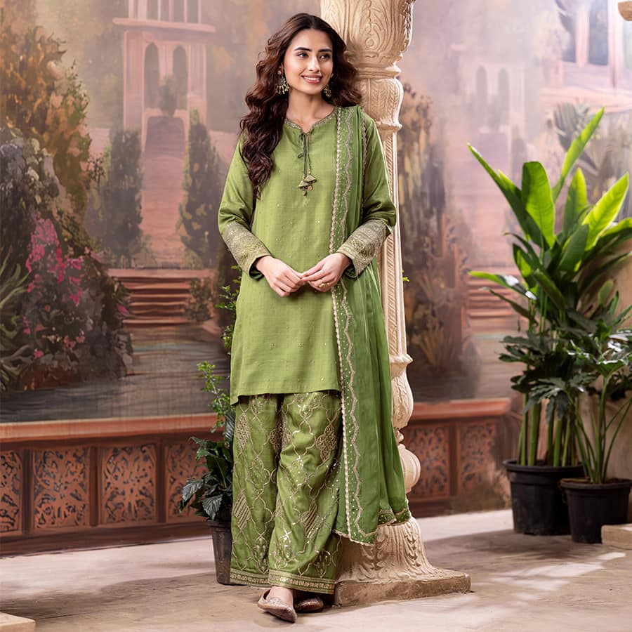 Mehndi Green Silk Shirt Set with Organza Dupatta Elegant Festive Wear