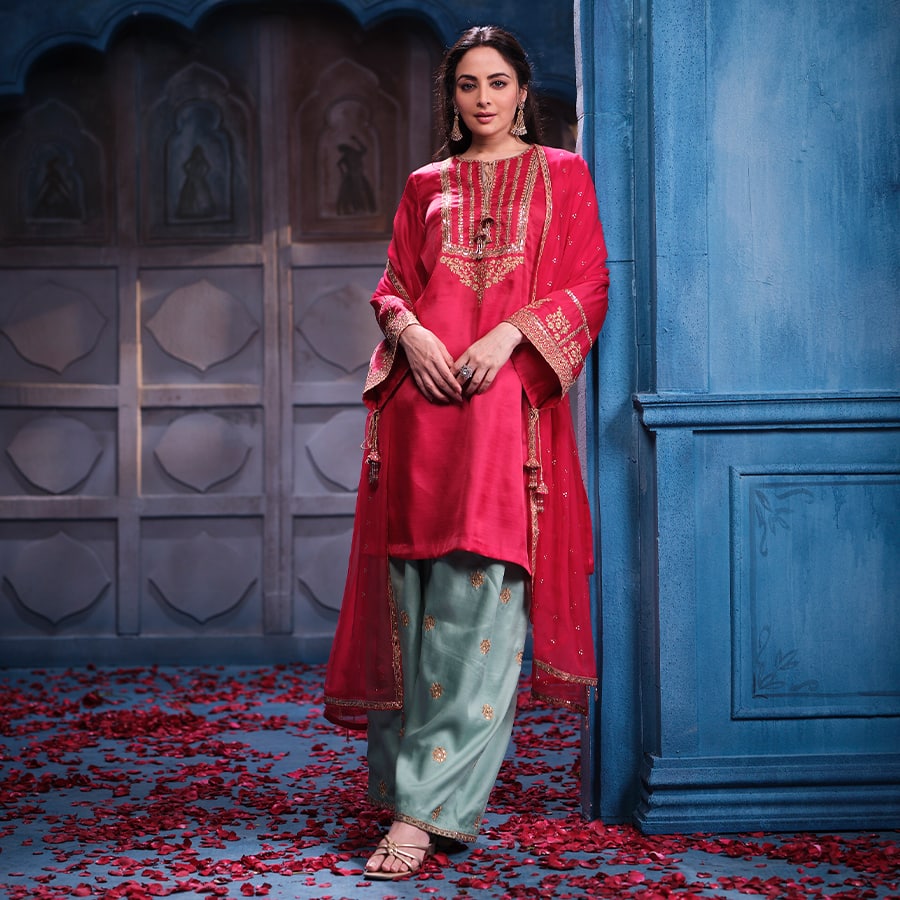 Rani Silk Suit Set Shirt with Chiffon Dupatta Elegant Festive & Party Wear