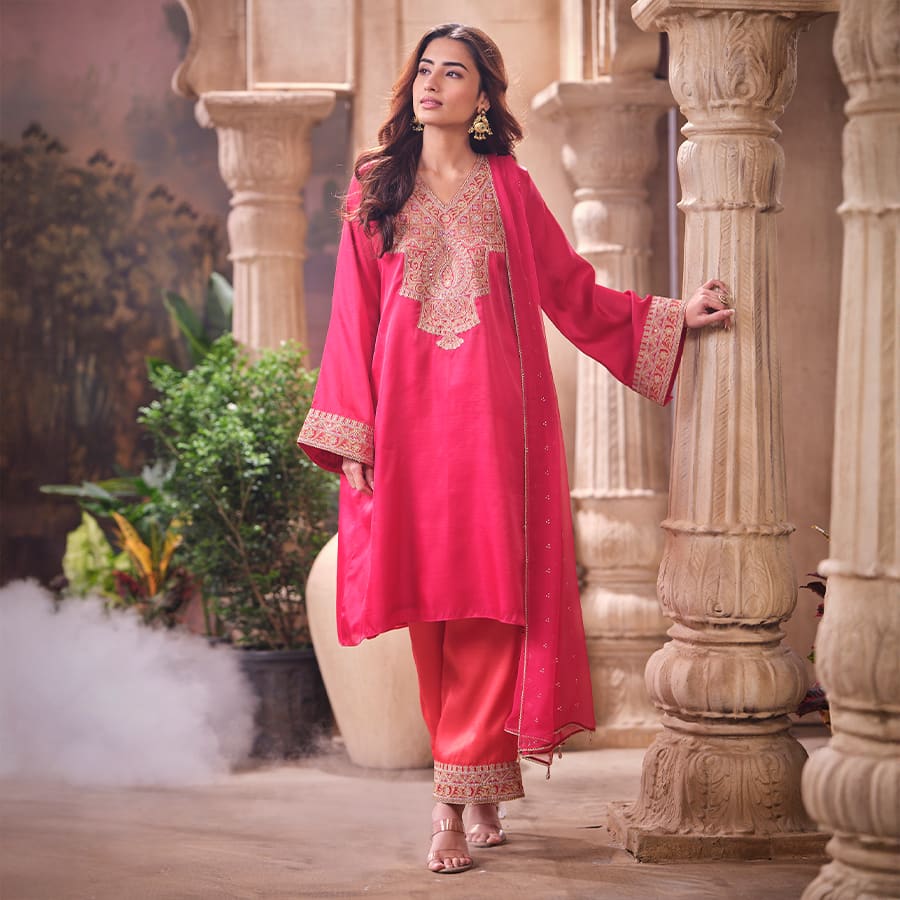 Rani Readymade Silk Shirt Set with Chiffon Dupatta