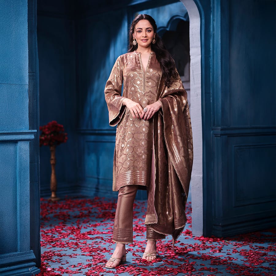 Copper Kanjivaram Tissue Suit Set with Matching Dupatta Festive Wear
