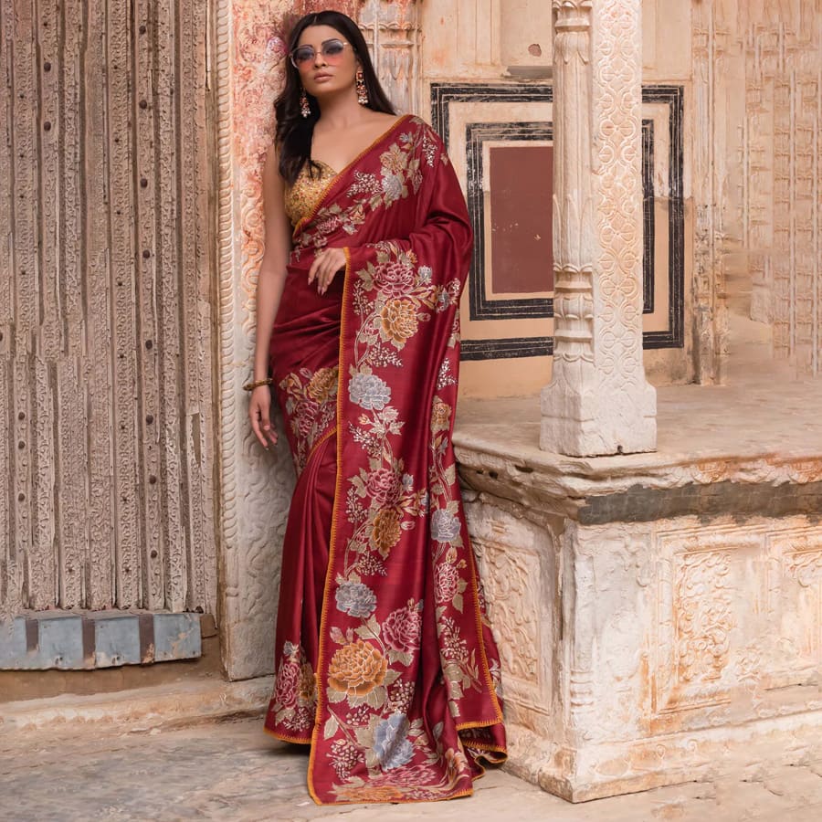 Red Tussar Embroidery Saree