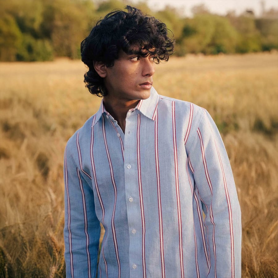 Men Powder Blue Linen Striped Hand Woven Shirt Collar Regular Fit Shirts