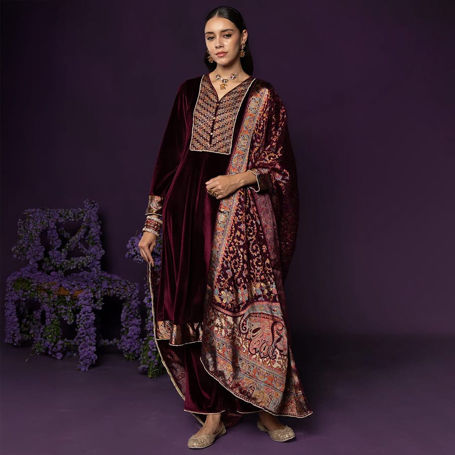Vedhi Maroon Embroidered Velvet A-line Suit Set with Brasso Dupatta